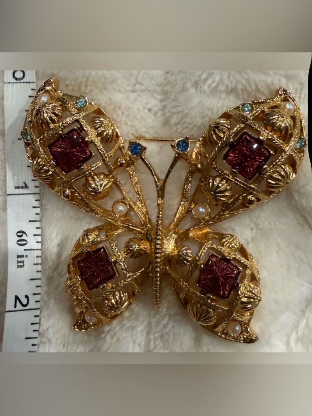 Avon Gold Tone Butterfly Brooch with Red Green Blue Faux Pearl Accents - Picture 1 of 6